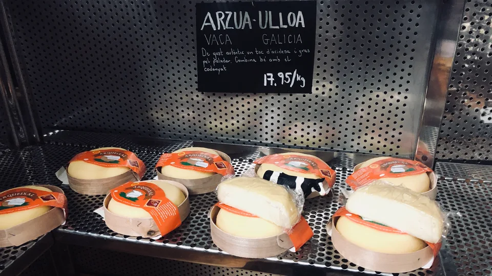 Cheese rounds and wedges displayed at a market counter