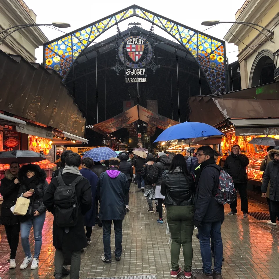La Boqueria market entrance with its ironwork sign