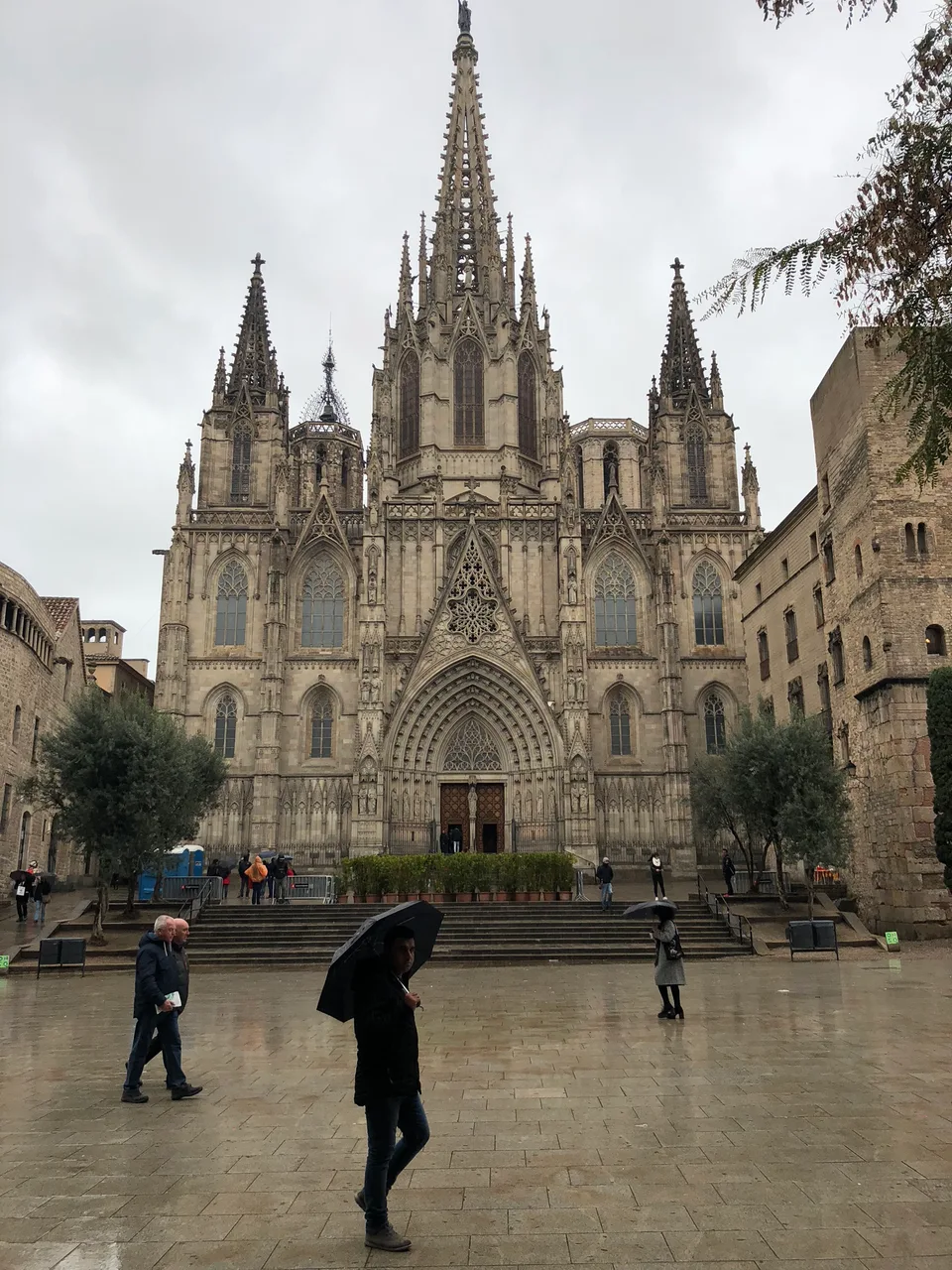 Barcelona Cathedral’s Gothic façade beneath a gray sky