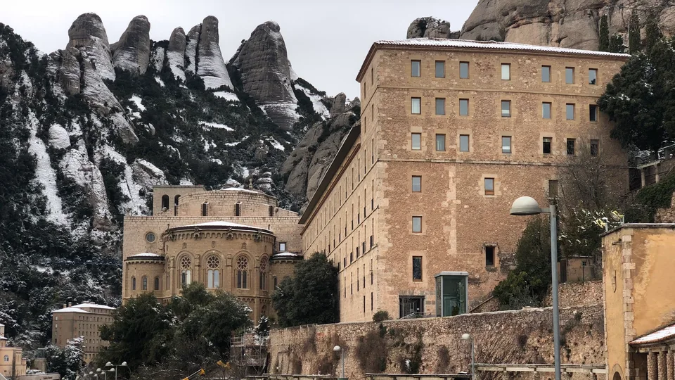 Montserrat monastery buildings surrounded by snow