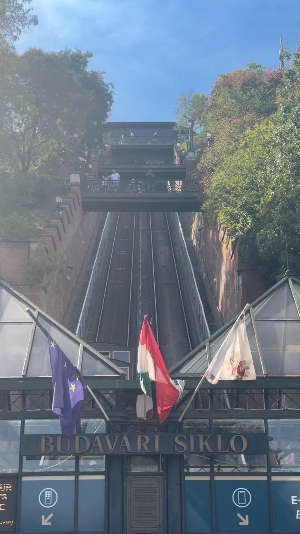 Os trilhos paralelos do funicular do Castelo de Buda em uma encosta íngreme