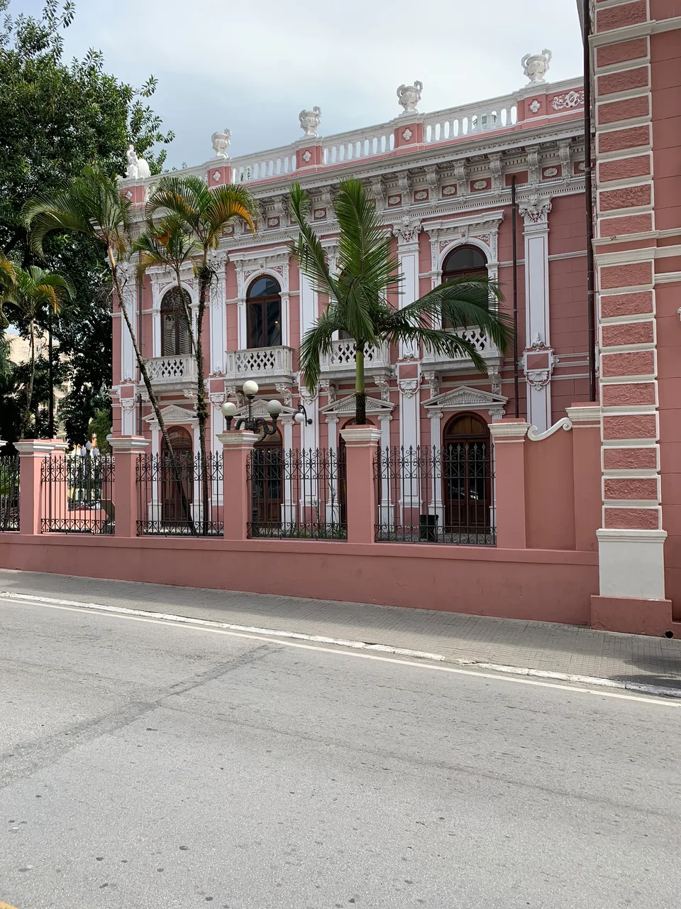 The pink façade and white ornament of Palácio Cruz e Sousa