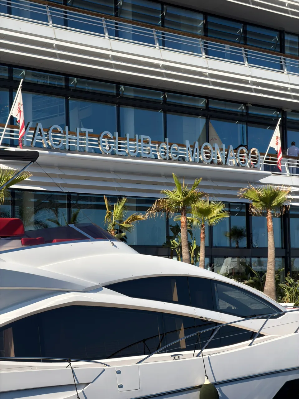 Yachts moored below the terraces of Monaco’s yacht club