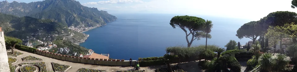 Terraced gardens at Villa Rufolo in Ravello overlooking the coast and sea