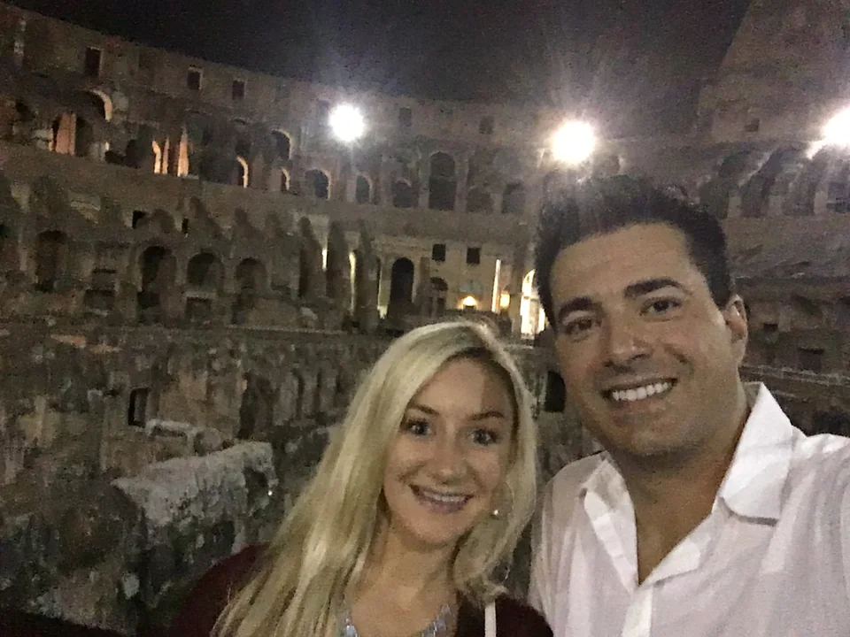 Alex and Kristin together inside the Colosseum at night